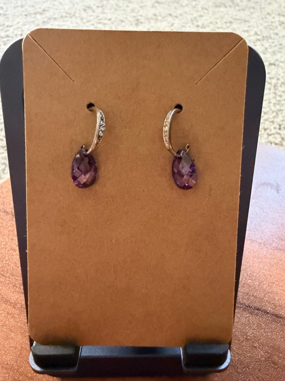 Silver Hoop Drop Earrings with Purple Teardrop Stones